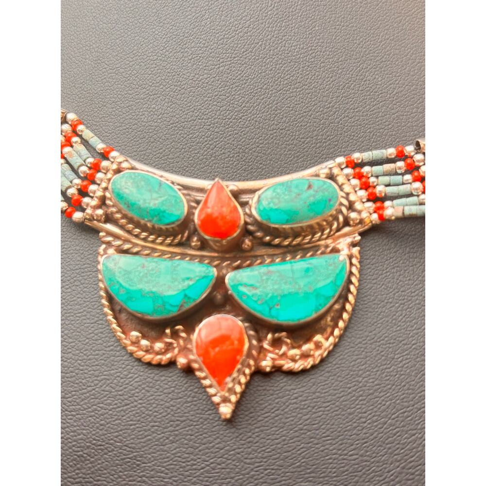 925 Sterling Tibetan Turquoise & Red Coral Necklace 19" - Picture 5 of 11